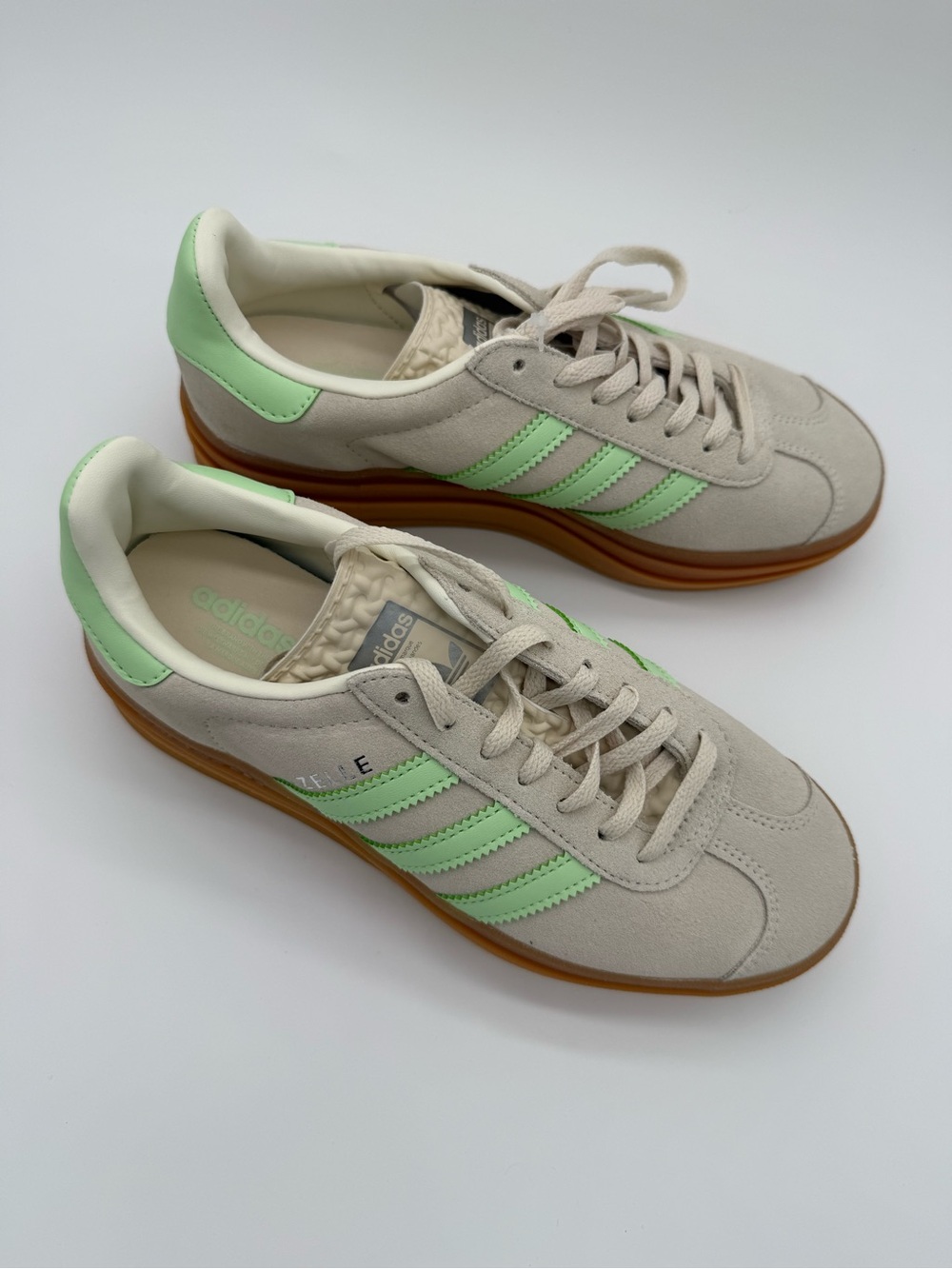 adidas Beige Suede Sneakers with Mint Green Stripes and Gum Sole